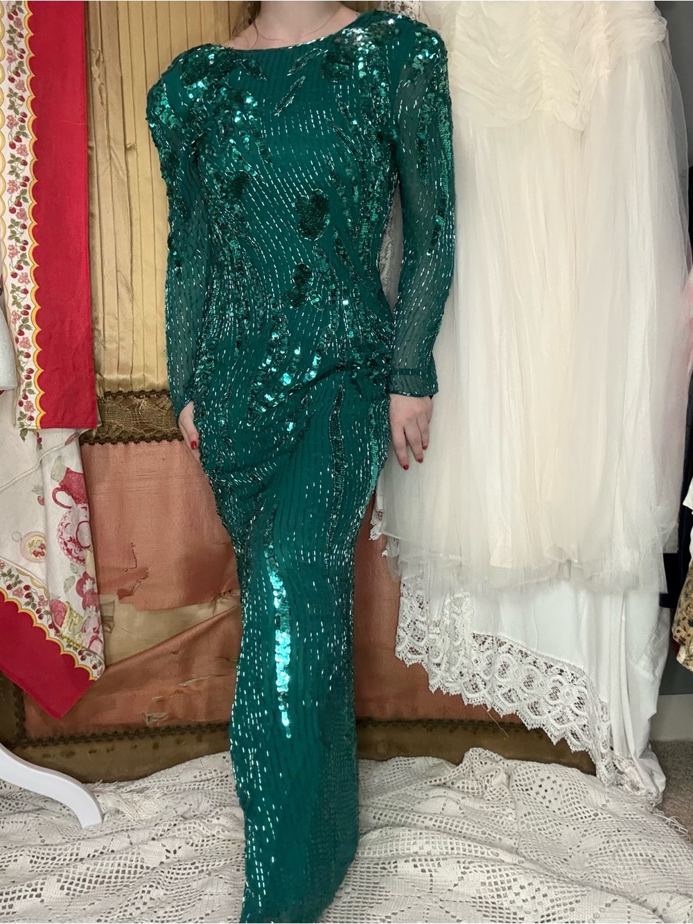 Vintage 80’s Emerald Green Sequin and Beaded Silk Long-Sleeve Gown